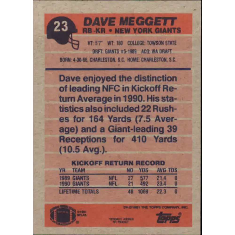 1991 Topps #23 Dave Meggett NM-MT New York Giants Football Card - Football Card Single