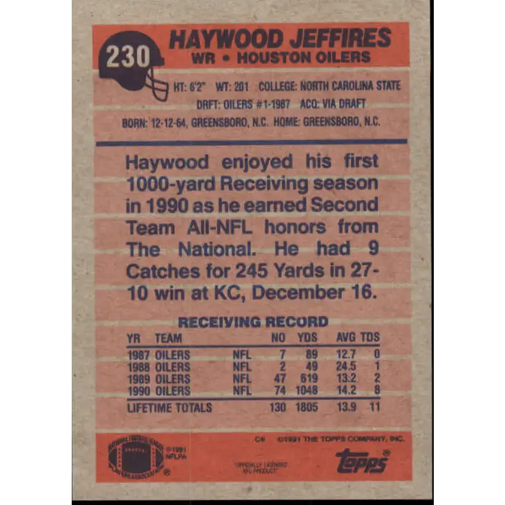 1991 Topps #230 Haywood Jeffires NM-MT Houston Oilers Football Card - Football Card Single