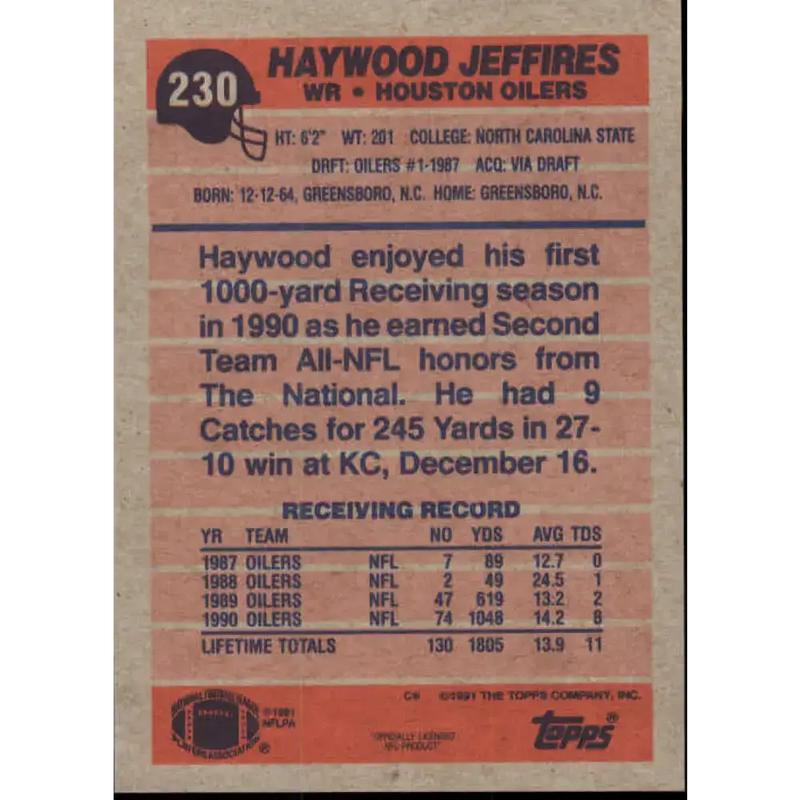 1991 Topps #230 Haywood Jeffires NM-MT Houston Oilers Football Card - Football Card Single