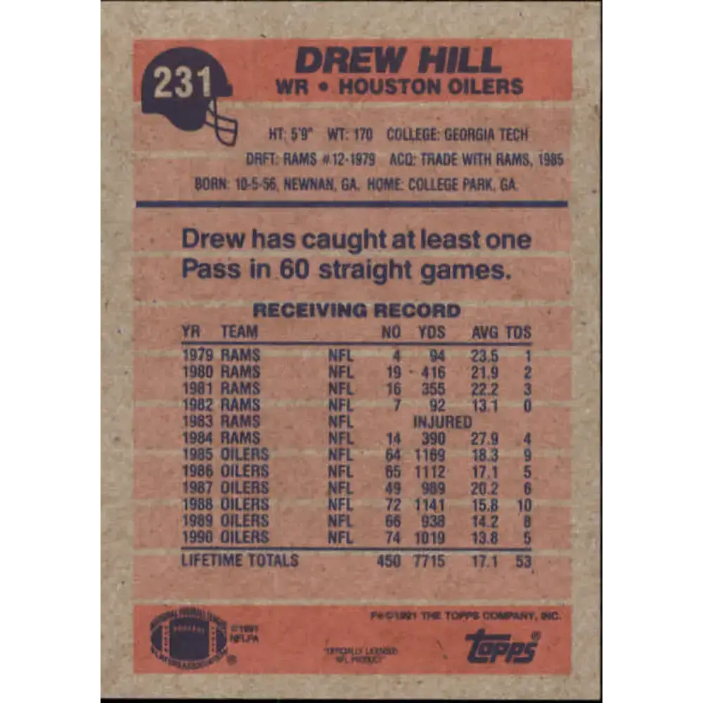 1991 Topps #231 Drew Hill NM-MT Houston Oilers Football Card - Football Card Single
