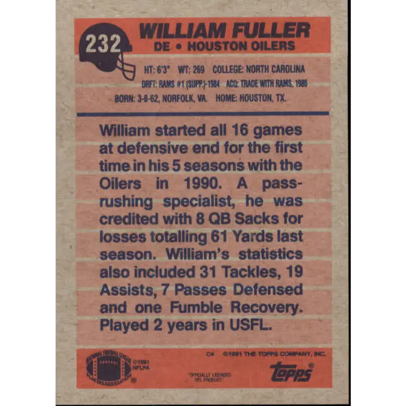 1991 Topps #232 William Fuller NM-MT Houston Oilers Football Card - Football Card Single