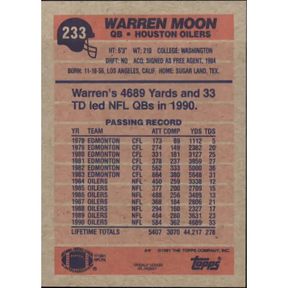 1991 Topps #233 Warren Moon NM-MT Houston Oilers Football Card - Football Card Single