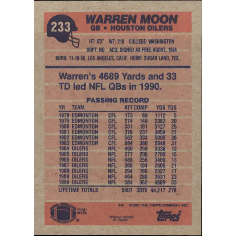 1991 Topps #233 Warren Moon NM-MT Houston Oilers Football Card - Football Card Single