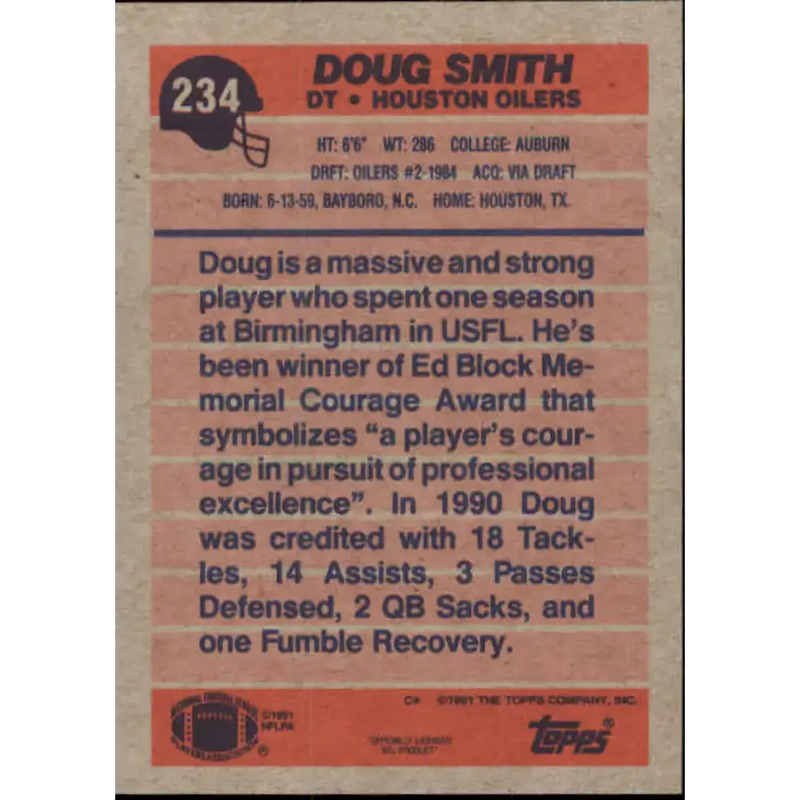 1991 Topps #234 Doug Smith NM-MT RC Rookie Houston Oilers Football Card - Football Card Single