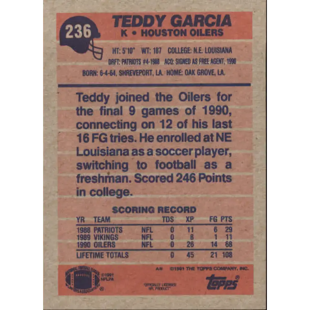 1991 Topps #236 Teddy Garcia NM-MT RC Rookie Houston Oilers Football Card - Football Card Single