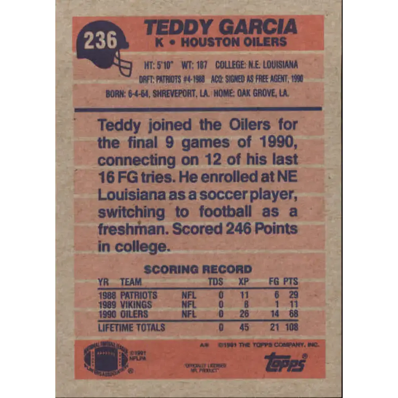 1991 Topps #236 Teddy Garcia NM-MT RC Rookie Houston Oilers Football Card - Football Card Single