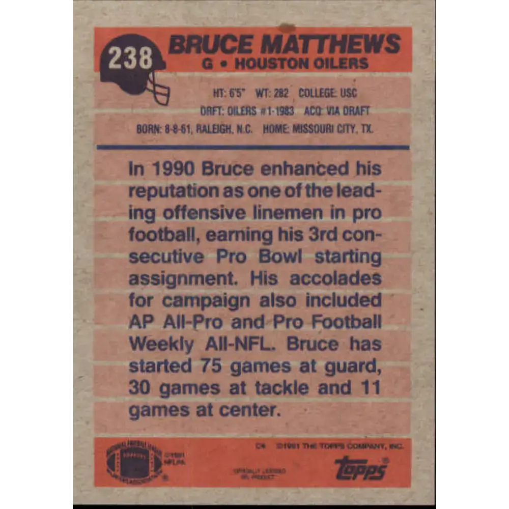1991 Topps #238 Bruce Matthews NM-MT Houston Oilers Football Card