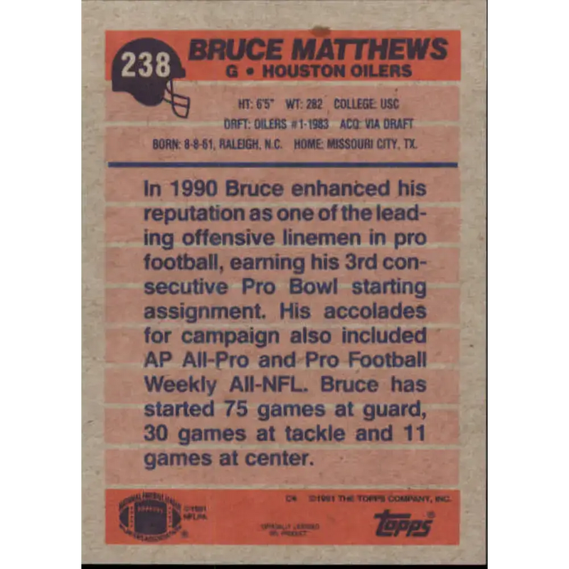 1991 Topps #238 Bruce Matthews NM-MT Houston Oilers Football Card