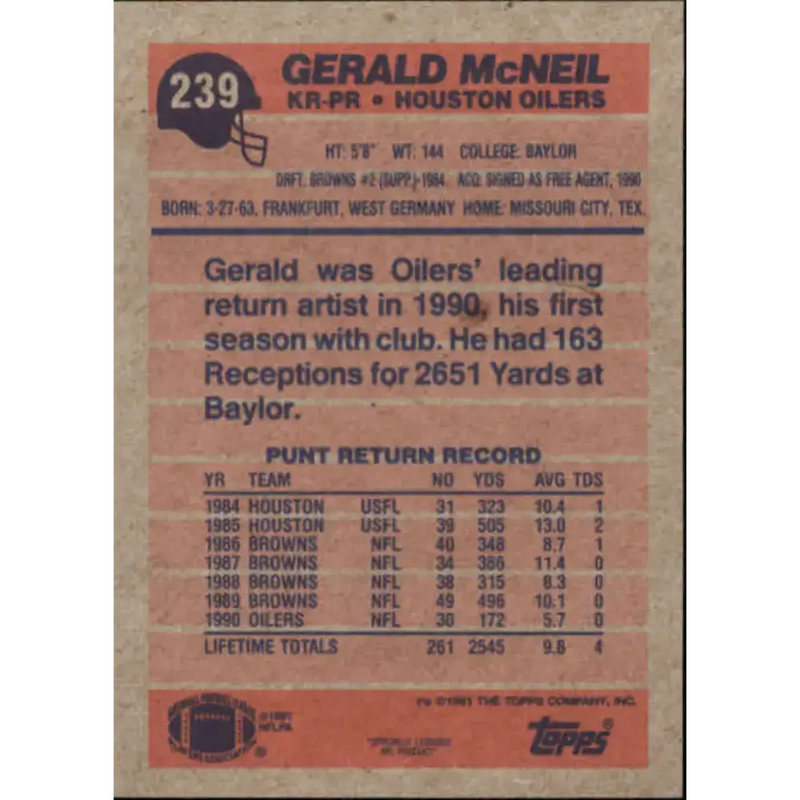 1991 Topps #239 Gerald McNeil NM-MT Houston Oilers Football Card - Football Card Single