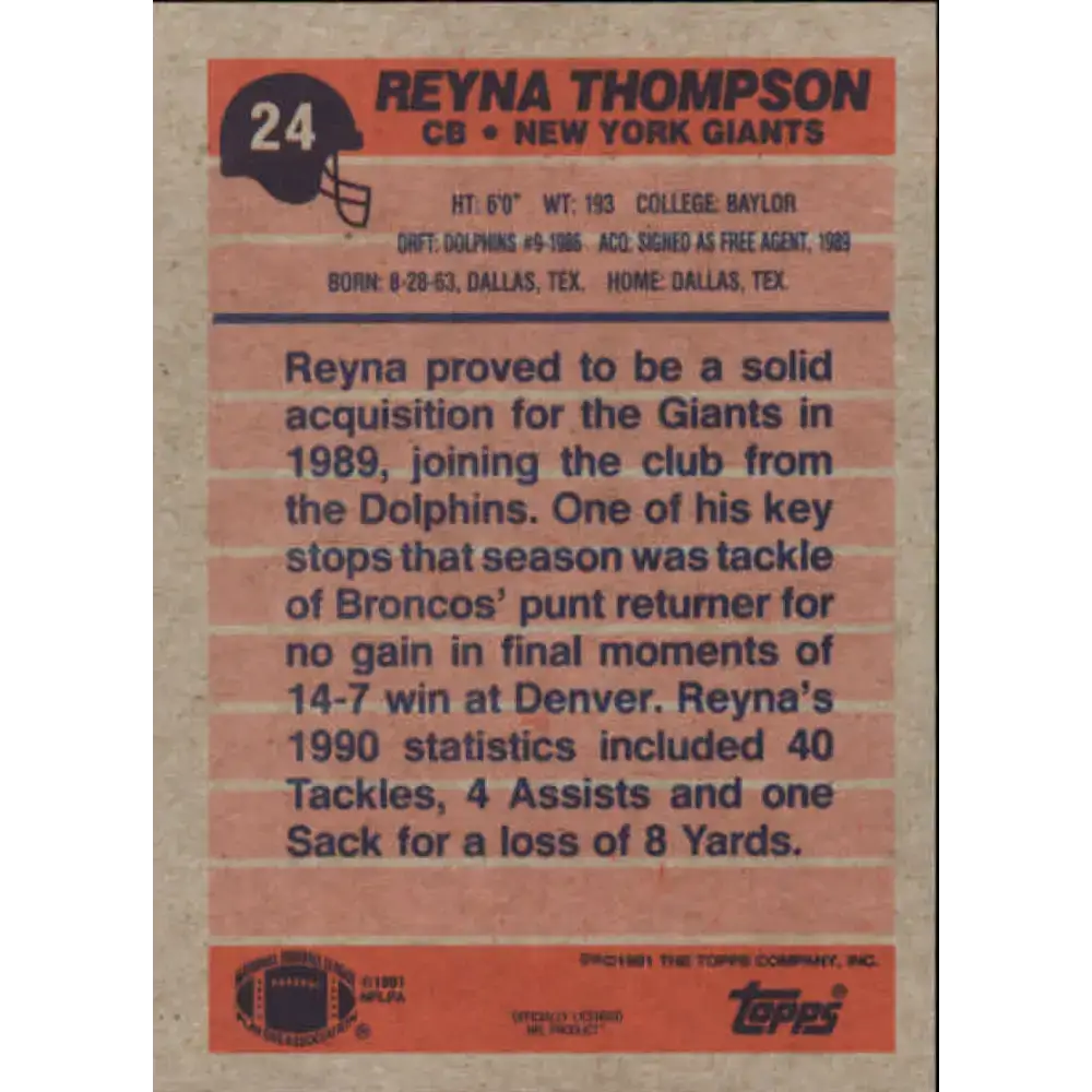 1991 Topps #24 Reyna Thompson NM-MT New York Giants Football Card - Football Card Single