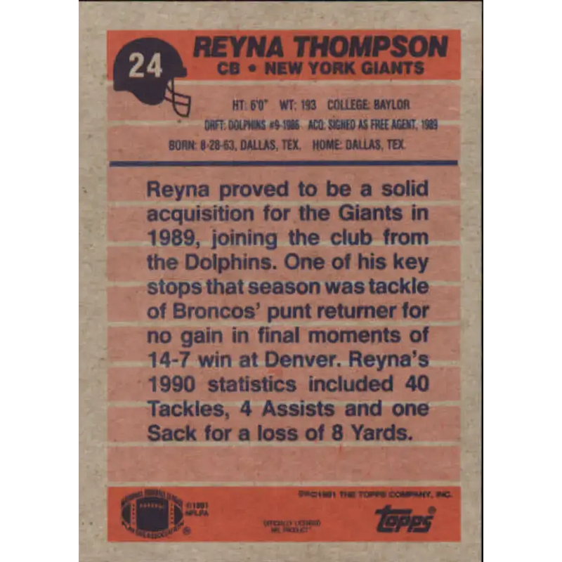 1991 Topps #24 Reyna Thompson NM-MT New York Giants Football Card - Football Card Single