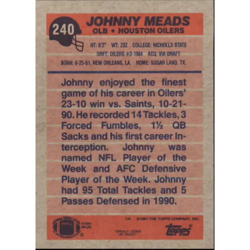 1991 Topps #240 Johnny Meads NM-MT Houston Oilers Football Card - Football Card Single
