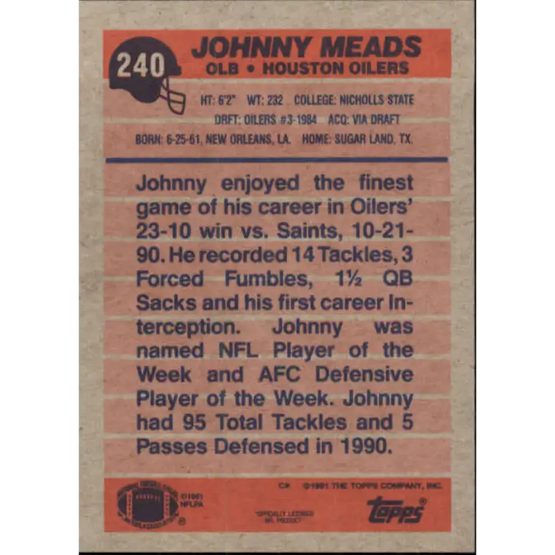 1991 Topps #240 Johnny Meads NM-MT Houston Oilers Football Card - Football Card Single