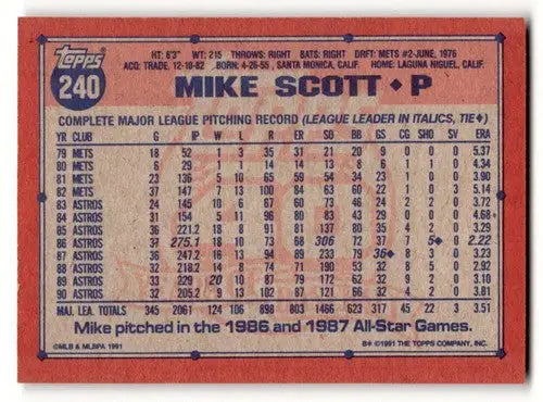 1991 Topps #240 Mike Scott Houston Astros Baseball Cards EX/NM ID:58258 - Baseball Card Single