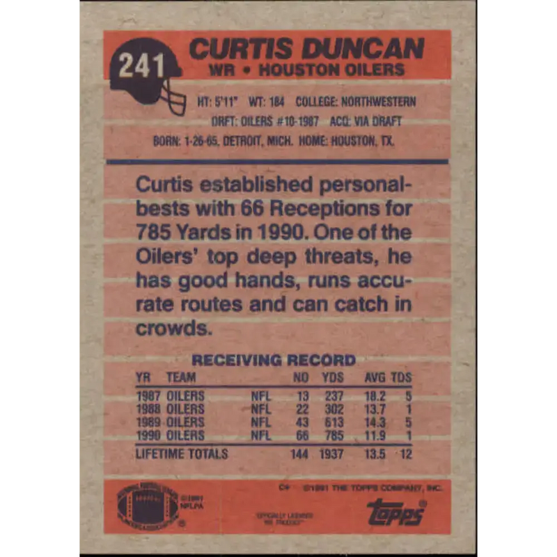 1991 Topps #241 Curtis Duncan NM-MT Houston Oilers Football Card - Football Card Single