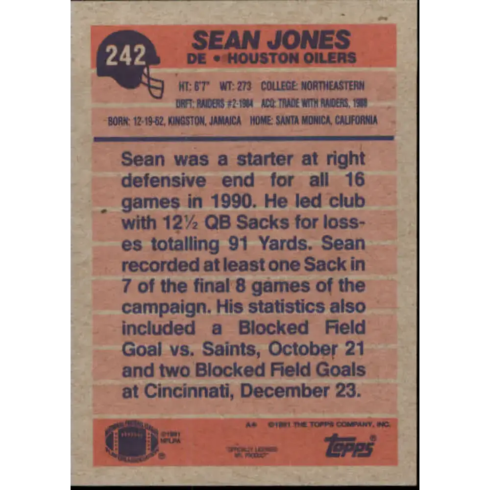 1991 Topps #242 Sean Jones NM-MT Houston Oilers Football Card - Football Card Single