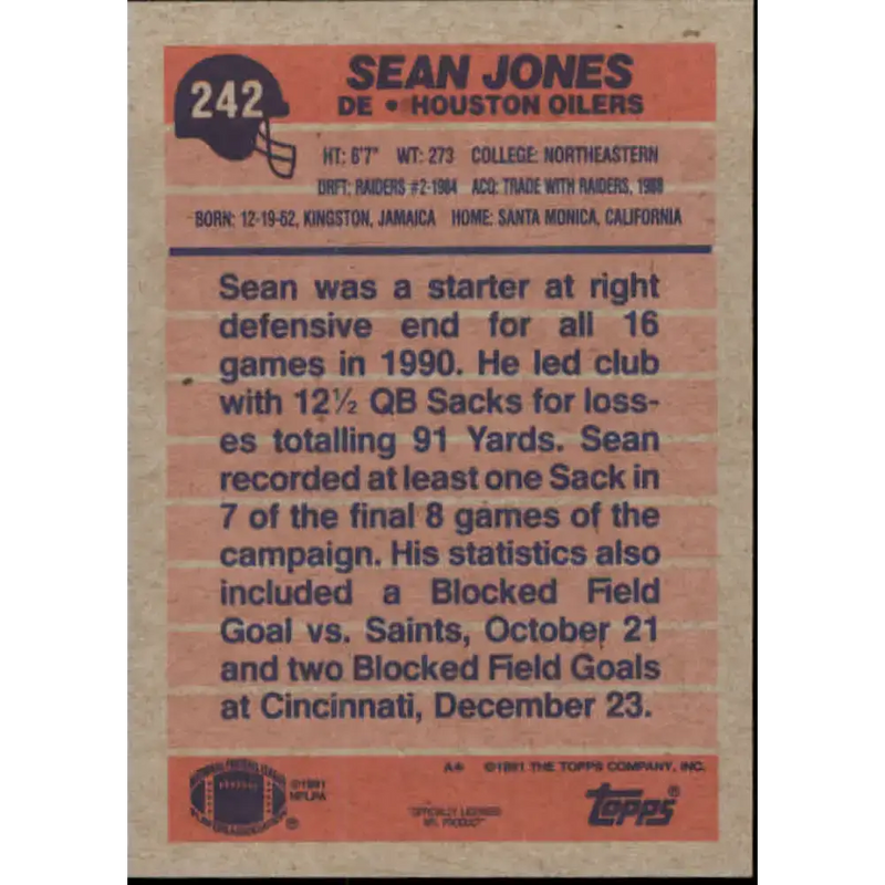 1991 Topps #242 Sean Jones NM-MT Houston Oilers Football Card - Football Card Single