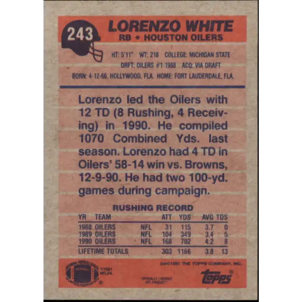 1991 Topps #243 Lorenzo White NM-MT Houston Oilers Football Card - Football Card Single