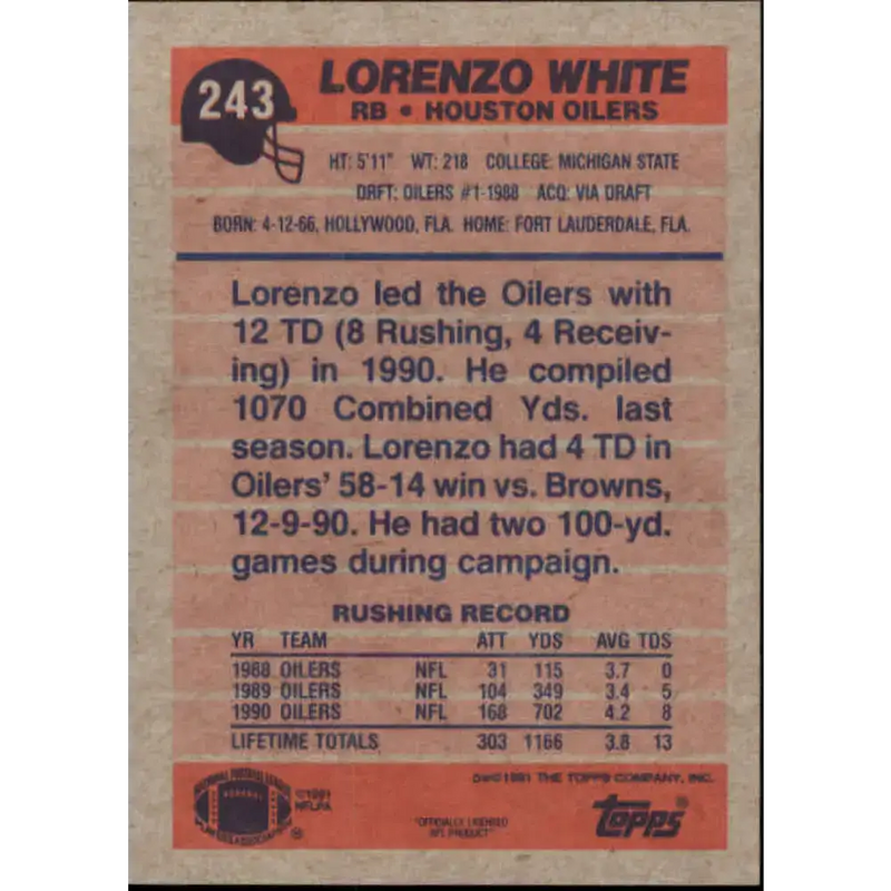 1991 Topps #243 Lorenzo White NM-MT Houston Oilers Football Card - Football Card Single