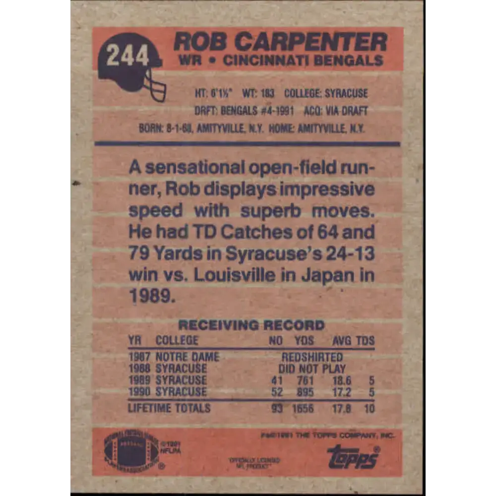 1991 Topps #244 Rob Carpenter NM-MT RC Rookie Cincinnati Bengals Football Card - Football Card Single