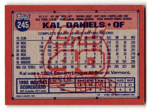 1991 Topps #245 Kal Daniels Los Angeles Dodgers Baseball Cards EX/NM ID:54854 - Baseball Card Single