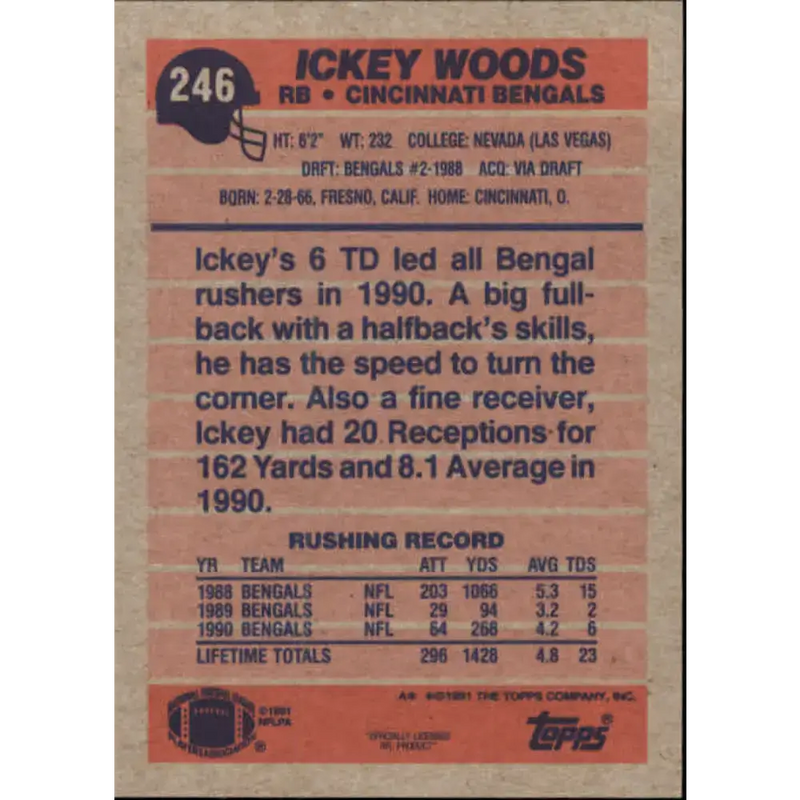 1991 Topps #246 Ickey Woods NM-MT Cincinnati Bengals Football Card - Football Card Single