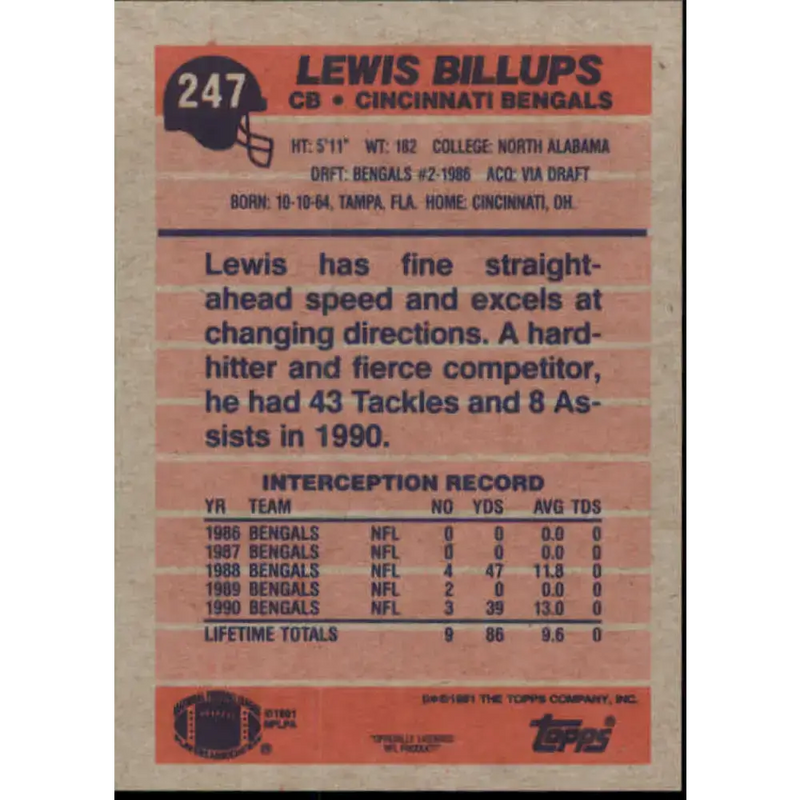 1991 Topps #247 Lewis Billups NM-MT Cincinnati Bengals Football Card - Football Card Single
