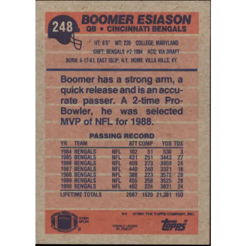 1991 Topps #248 Boomer Esiason NM-MT Cincinnati Bengals Football Card - Football Card Single