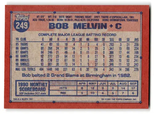 1991 Topps #249 Bob Melvin NM-MT Orioles - Baseball Card Single