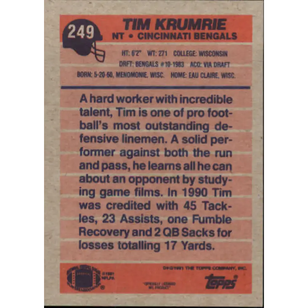 1991 Topps #249 Tim Krumrie NM-MT Cincinnati Bengals Football Card - Football Card Single