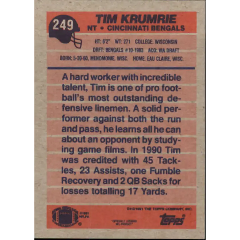 1991 Topps #249 Tim Krumrie NM-MT Cincinnati Bengals Football Card - Football Card Single