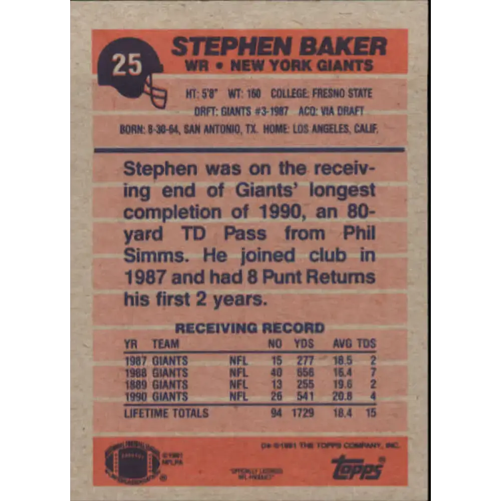 1991 Topps #25 Stephen Baker NM-MT New York Giants Football Card - Football Card Single