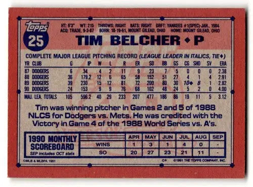 1991 Topps #25 Tim Belcher Los Angeles Dodgers Baseball Cards EX/NM ID:54848 - Baseball Card Single