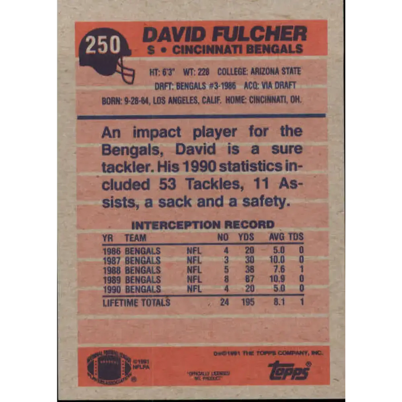 1991 Topps #250 David Fulcher NM-MT Cincinnati Bengals Football Card - Football Card Single