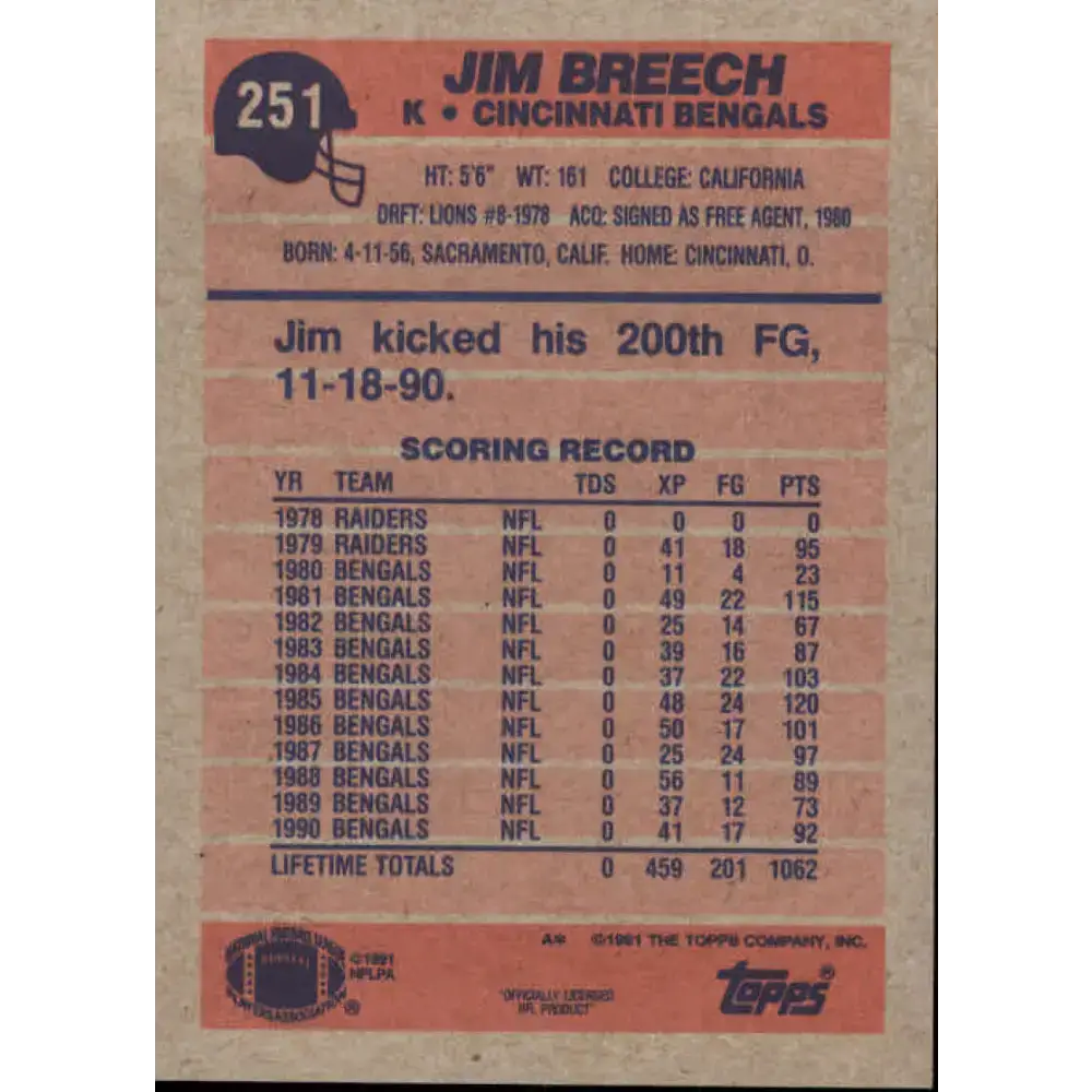 1991 Topps #251 Jim Breech NM-MT Cincinnati Bengals Football Card