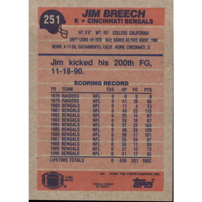 1991 Topps #251 Jim Breech NM-MT Cincinnati Bengals Football Card