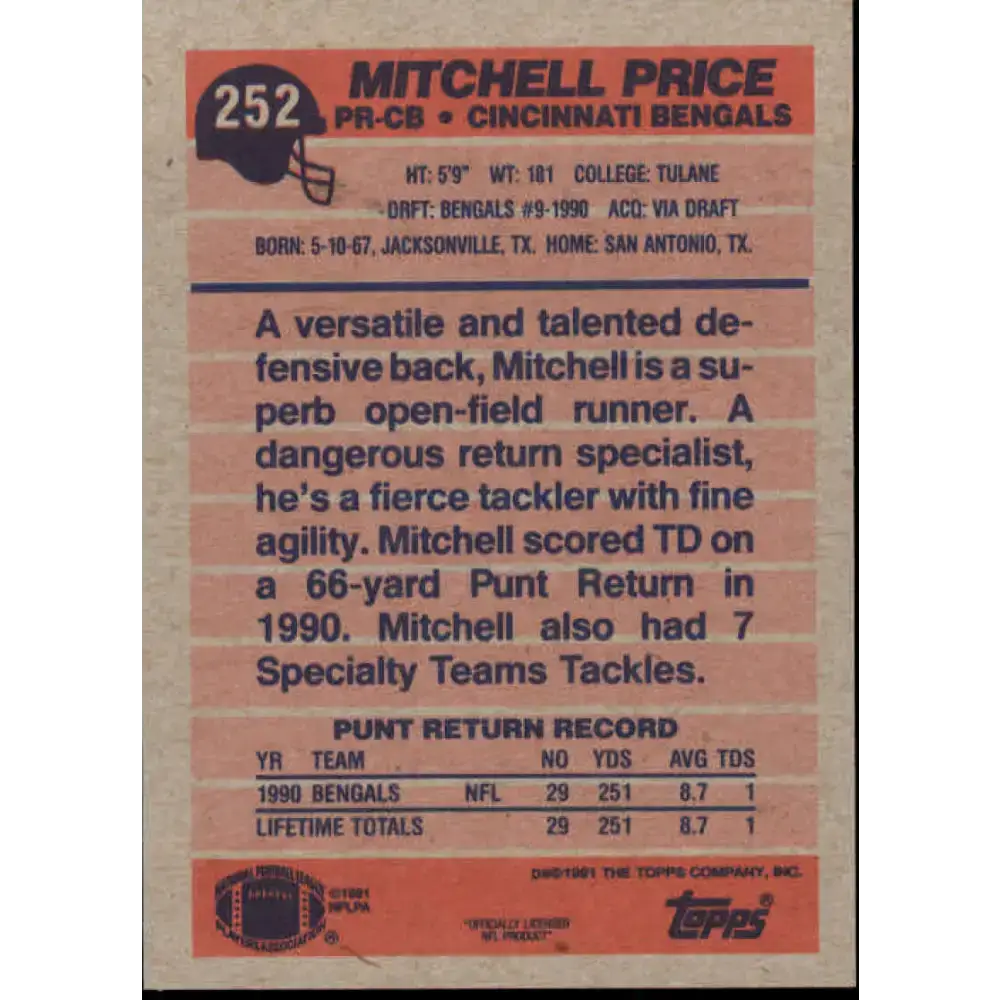 1991 Topps #252 Mitchell Price NM-MT RC Rookie Cincinnati Bengals Football Card - Football Card Single