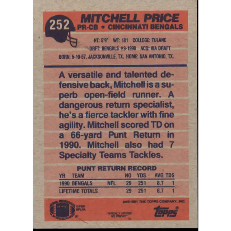 1991 Topps #252 Mitchell Price NM-MT RC Rookie Cincinnati Bengals Football Card - Football Card Single