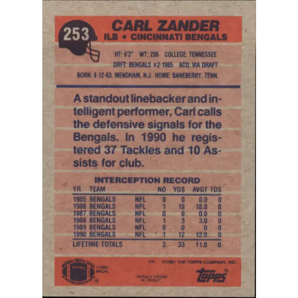 1991 Topps #253 Carl Zander NM-MT Cincinnati Bengals Football Card - Football Card Single