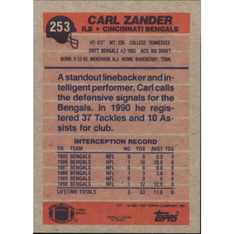 1991 Topps #253 Carl Zander NM-MT Cincinnati Bengals Football Card - Football Card Single