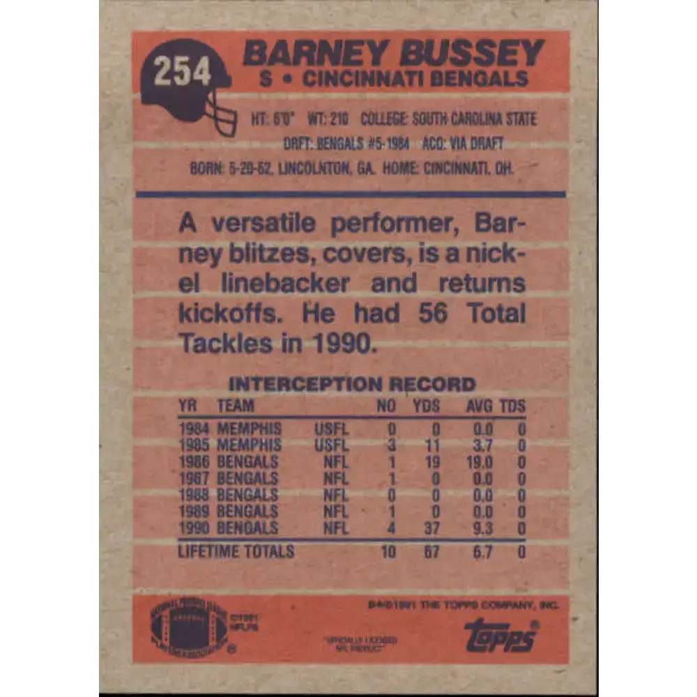 1991 Topps #254 Barney Bussey NM-MT RC Rookie Cincinnati Bengals Football Card - Football Card Single
