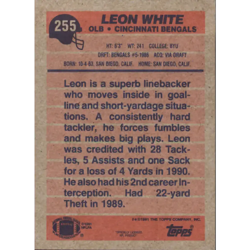 1991 Topps #255 Leon White NM-MT Cincinnati Bengals Football Card - Football Card Single