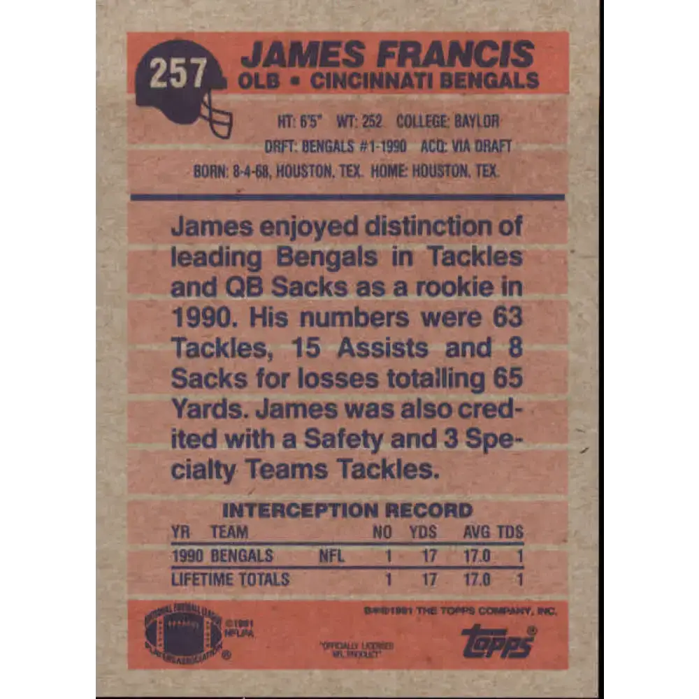 1991 Topps #257 James Francis NM-MT RC Rookie Cincinnati Bengals Football Card - Football Card Single