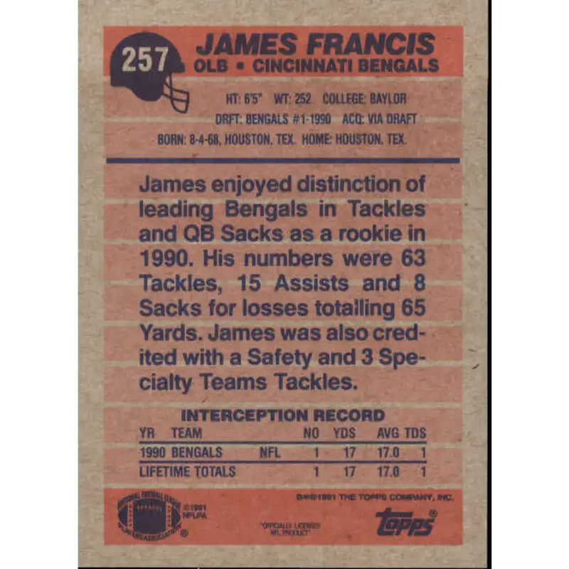 1991 Topps #257 James Francis NM-MT RC Rookie Cincinnati Bengals Football Card - Football Card Single