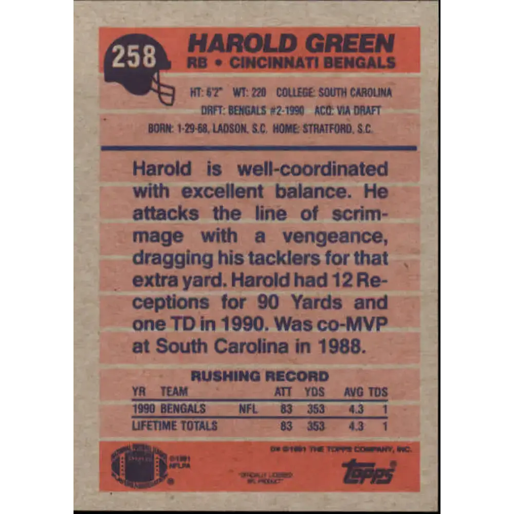 1991 Topps #258 Harold Green NM-MT Cincinnati Bengals Football Card - Football Card Single