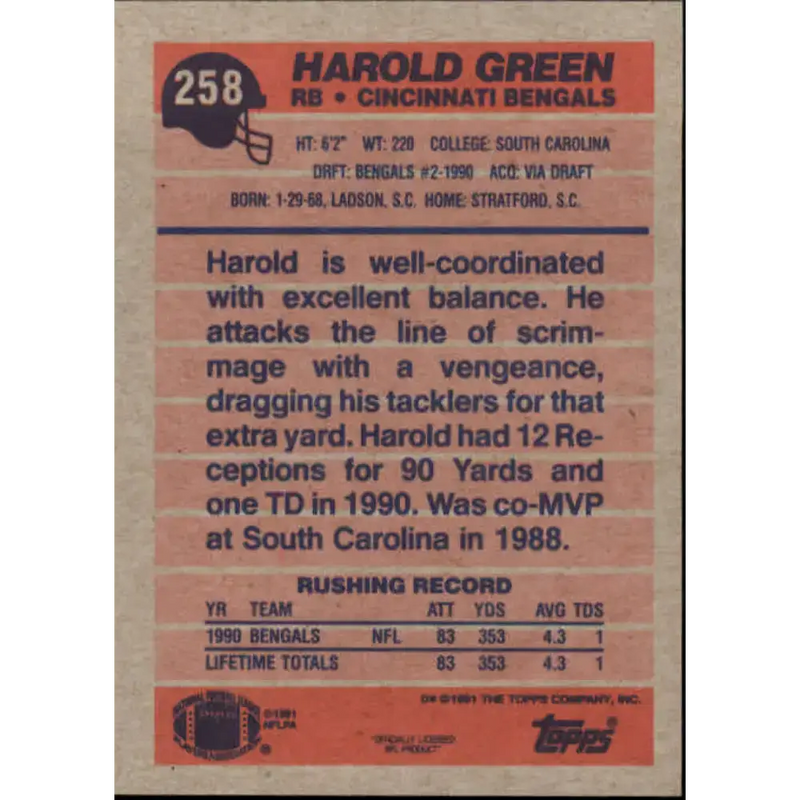 1991 Topps #258 Harold Green NM-MT Cincinnati Bengals Football Card - Football Card Single