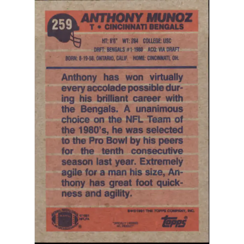 1991 Topps #259 Anthony Munoz NM-MT Cincinnati Bengals Football Card - Football Card Single