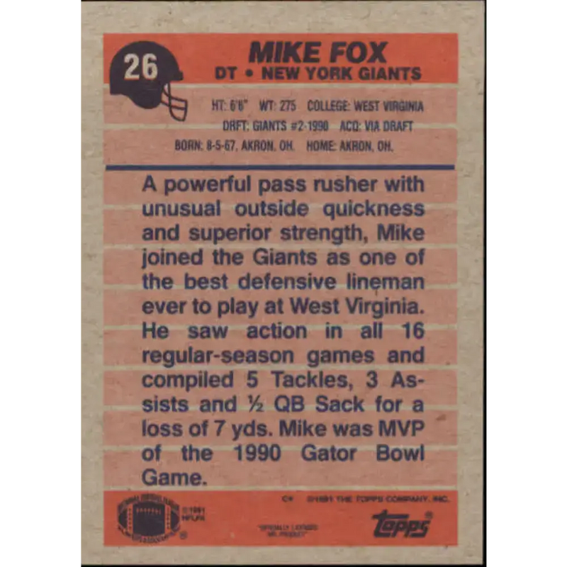 1991 Topps #26 Mike Fox NM-MT New York Giants Football Card - Football Card Single