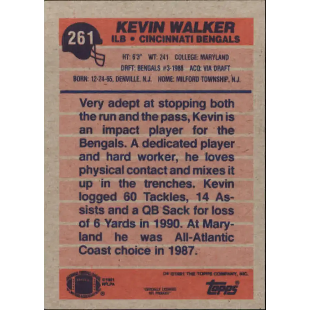 1991 Topps #261 Kevin Walker NM-MT RC Rookie Cincinnati Bengals Football Card - Football Card Single