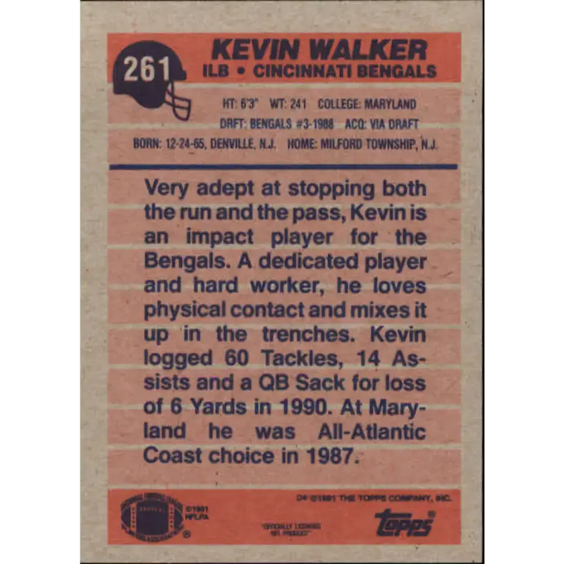 1991 Topps #261 Kevin Walker NM-MT RC Rookie Cincinnati Bengals Football Card - Football Card Single